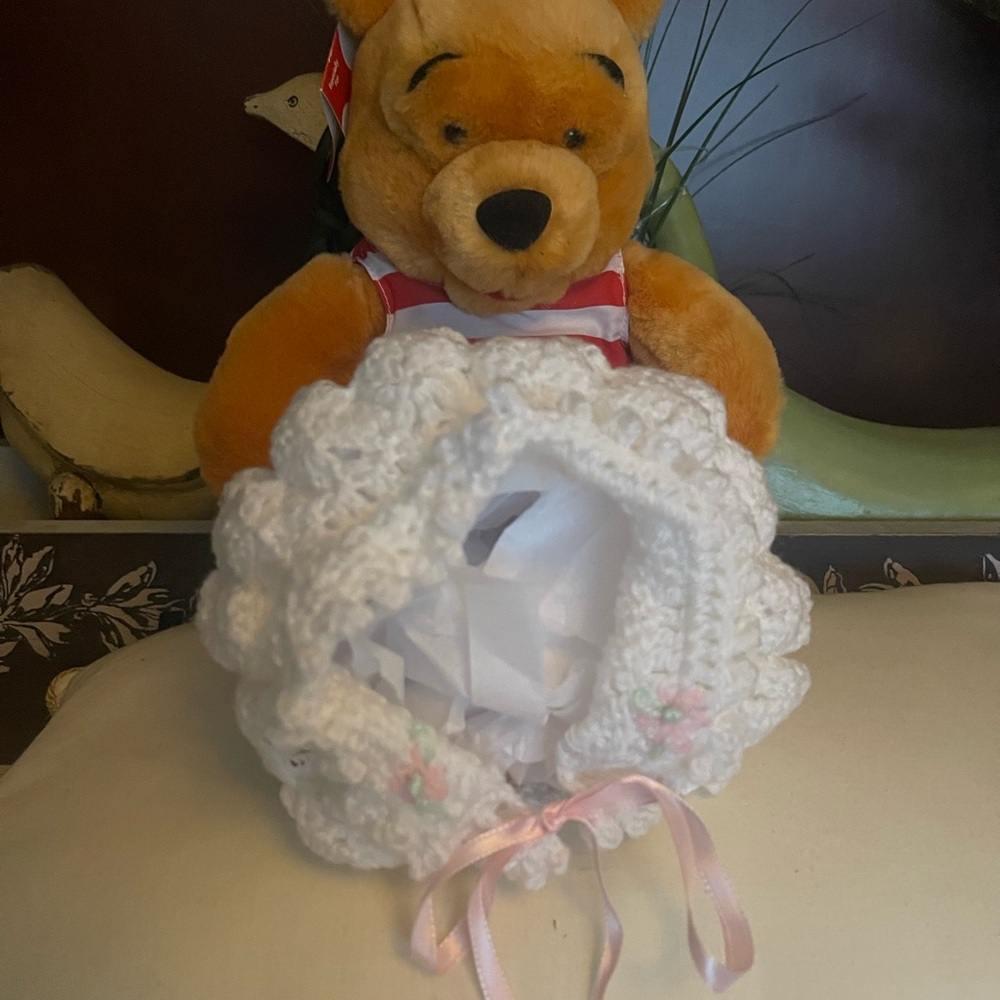 White Crochet Baby Bonnet with Pink and Green Floral Accents